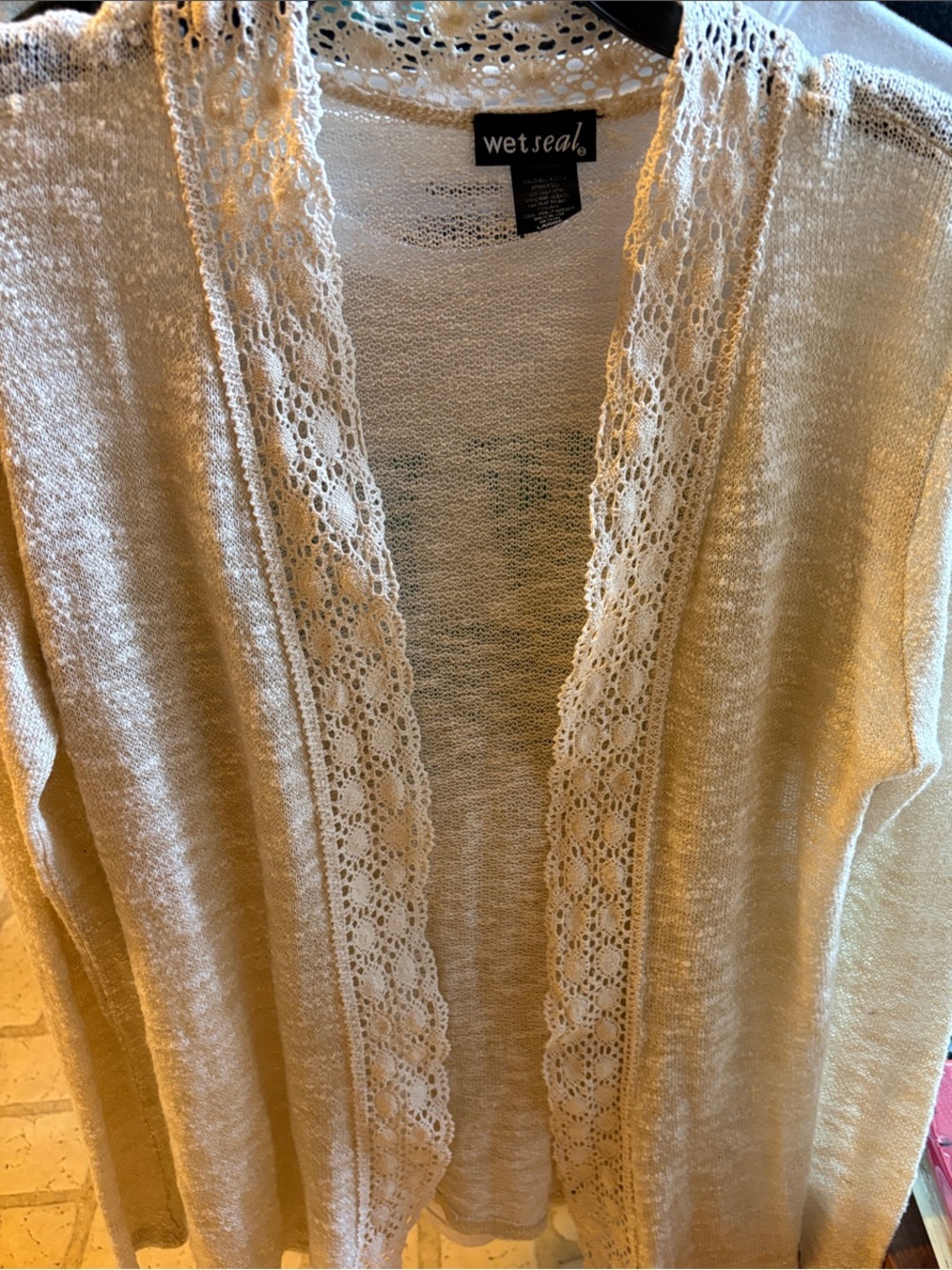 Wet Seal Cream Open-Front Lace Trim Cardigan Large Smoke Free Home